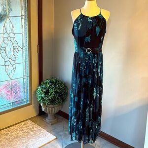 Alexa B maxi / midi mesh evening dress stretch halter waisted flowy floral 12